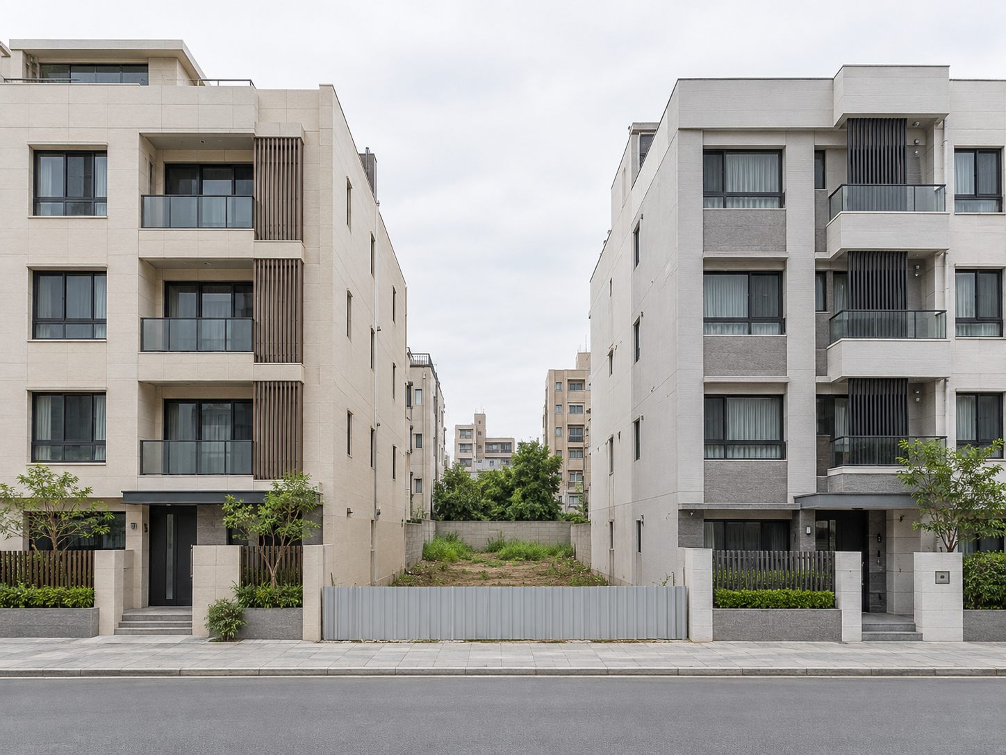 兩棟已完工的淺色集合住宅之間夾著一塊長滿雜草的狹長空地,街邊圍著灰色金屬浪板圍籬